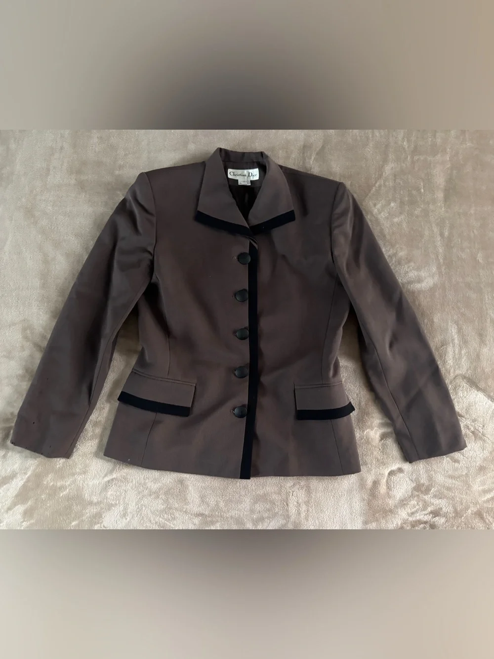 Vintage Christian Dior Wool Blazer Size 8 Brown Black Trim Quiet Luxury